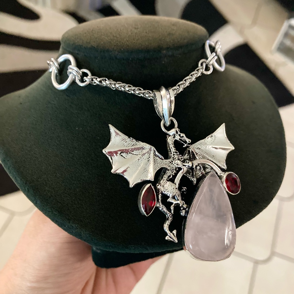 925 Sterling Silver Overlay Rose Quartz Garnet Stones Boho Goth Dragon Necklace